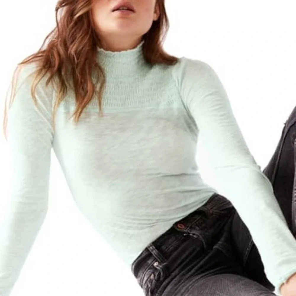 Free People Caroline Smock Turtleneck Iced Aqua Long Sleeves Top - Picture 1 of 4